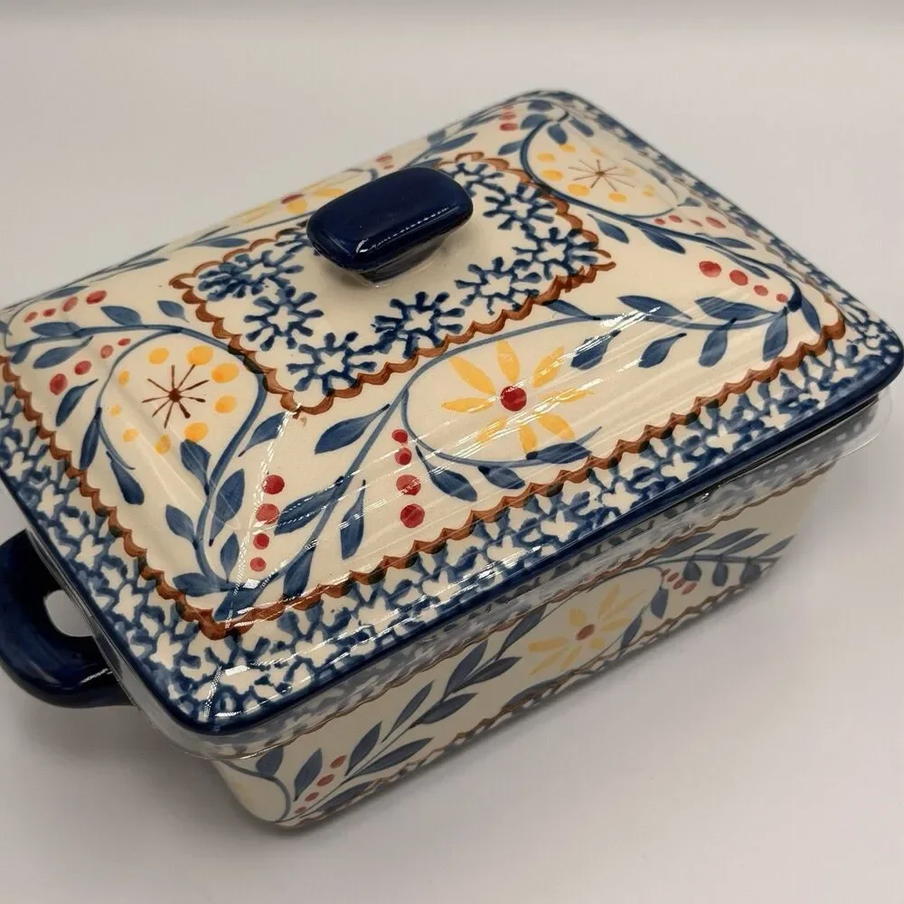 Sterling Home La Dolce Vita Covered Casserole Dish 1 Qt Blue Floral Stoneware